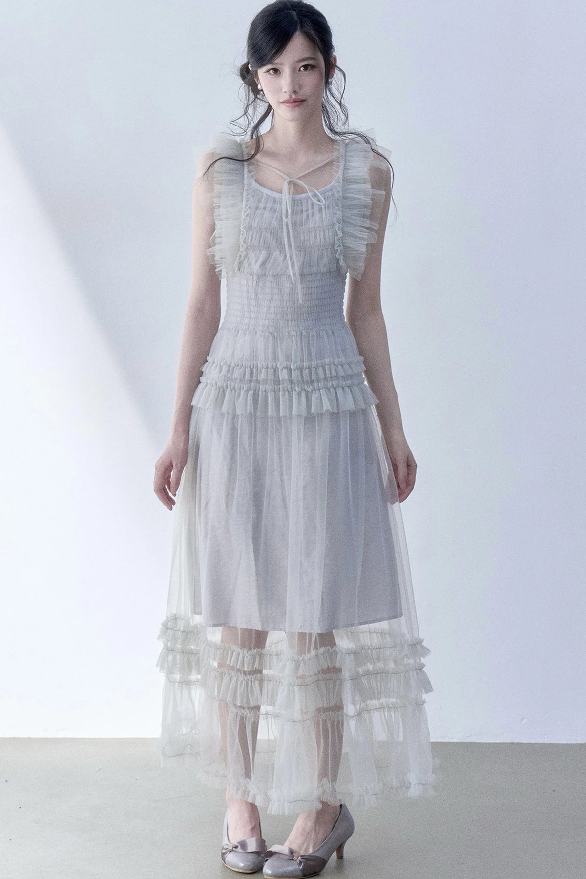 Pleated Lace Flutter Sleeve Dress