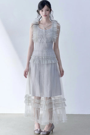 Pleated Lace Flutter Sleeve Dress