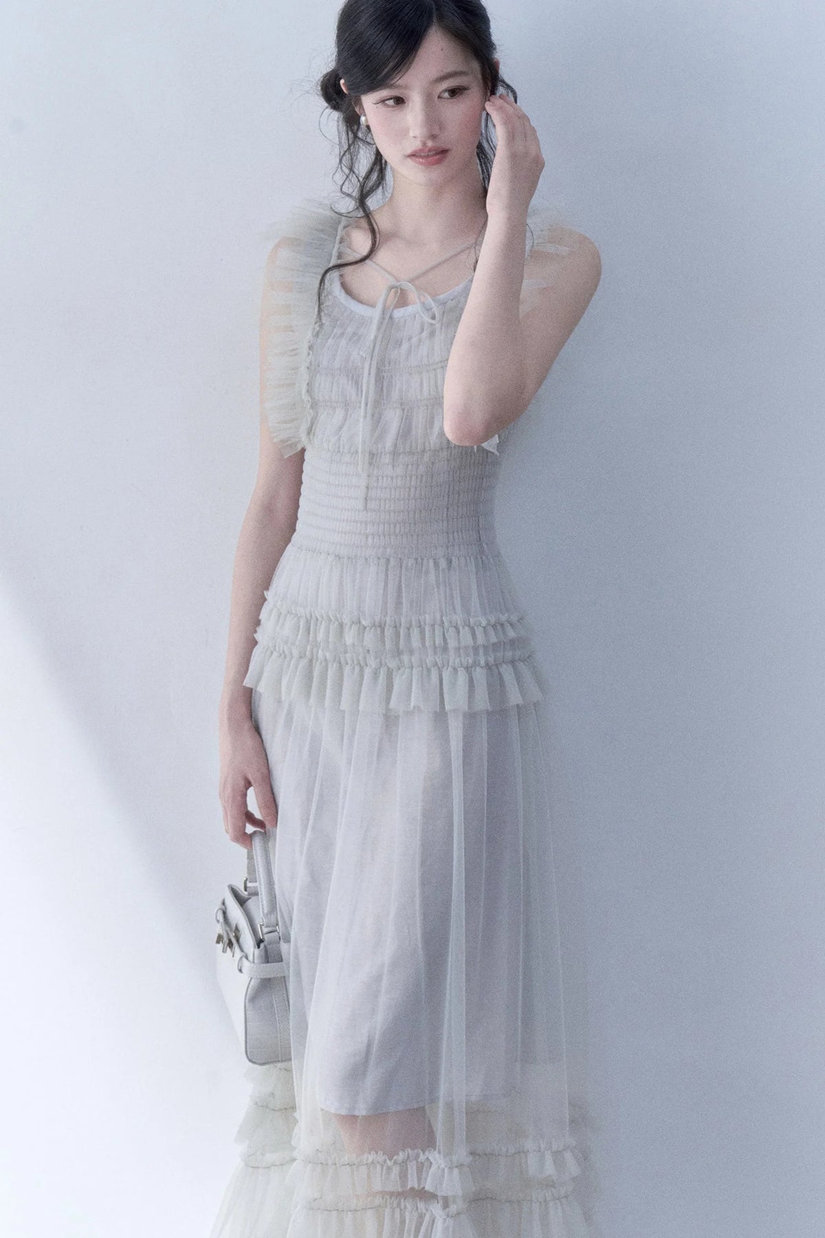 Pleated Lace Flutter Sleeve Dress