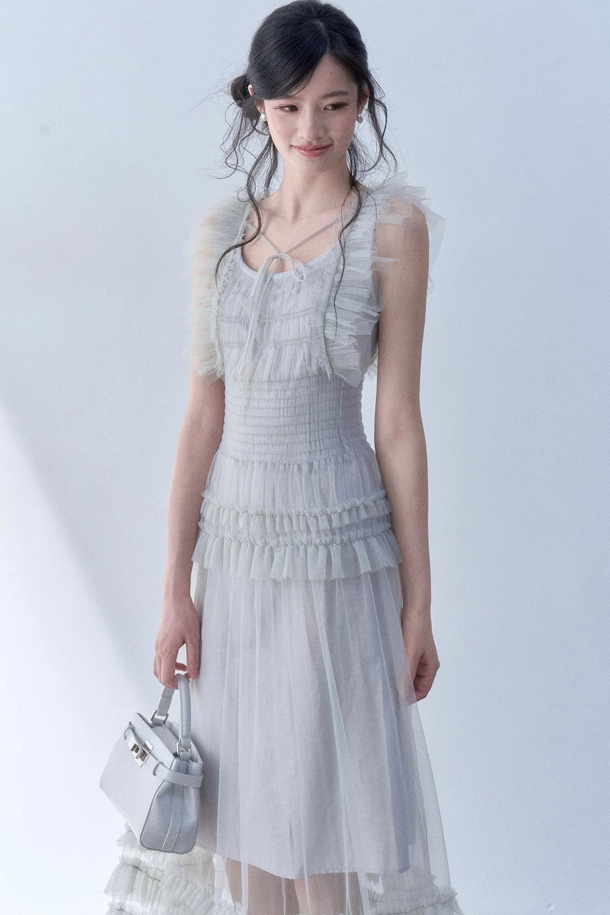 Pleated Lace Flutter Sleeve Dress