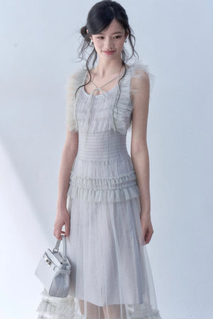 Pleated Lace Flutter Sleeve Dress
