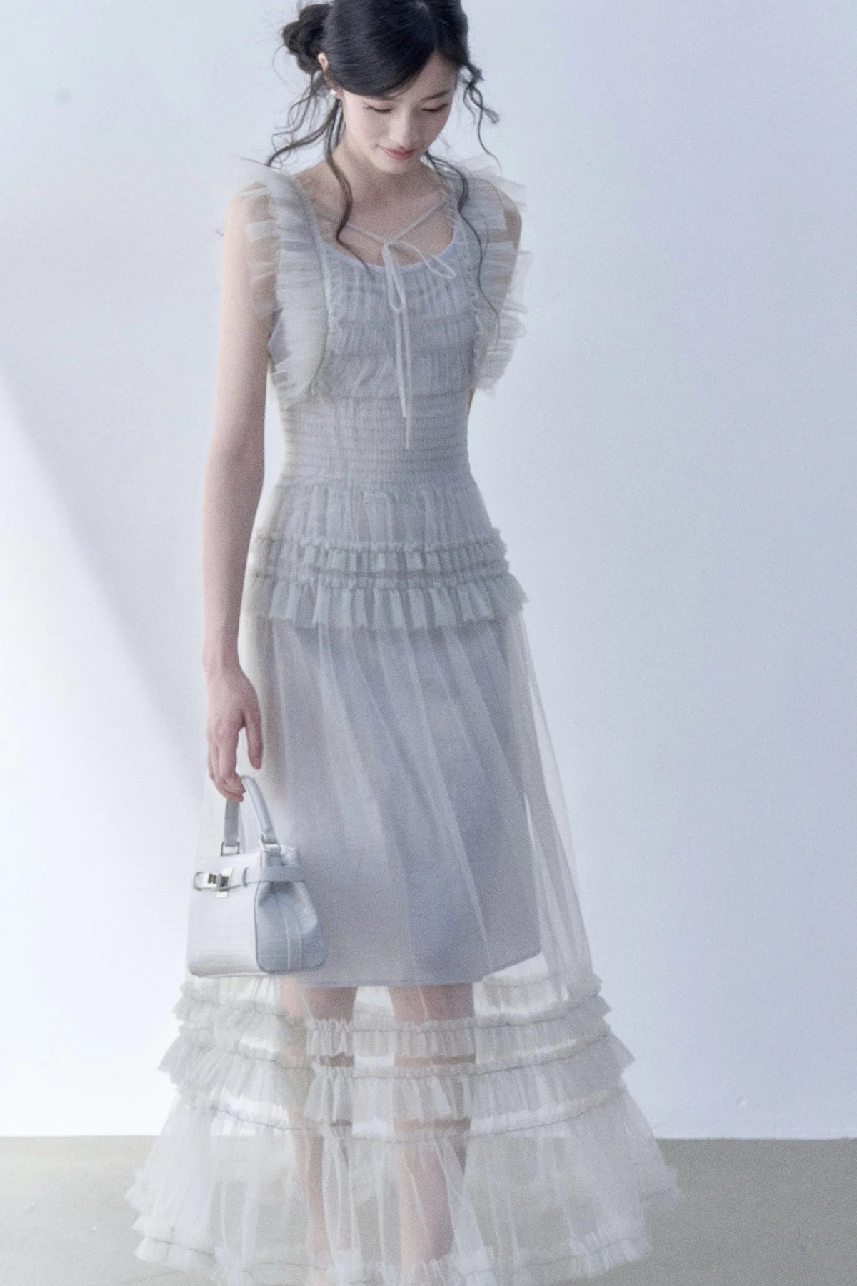 Pleated Lace Flutter Sleeve Dress