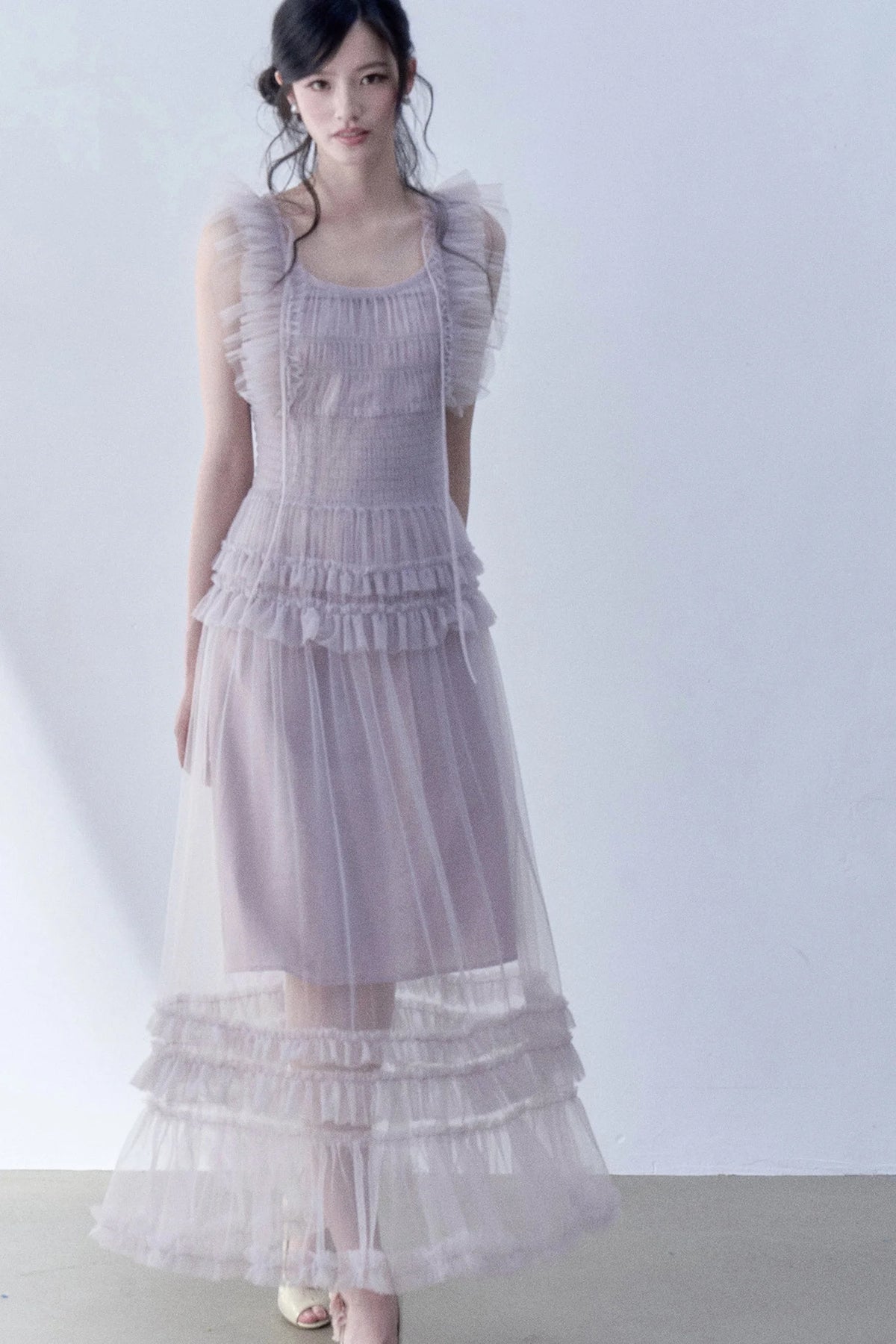Pleated Lace Flutter Sleeve Dress