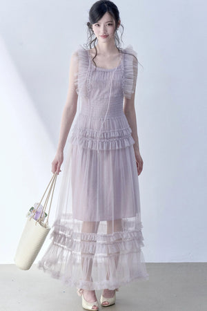 Pleated Lace Flutter Sleeve Dress