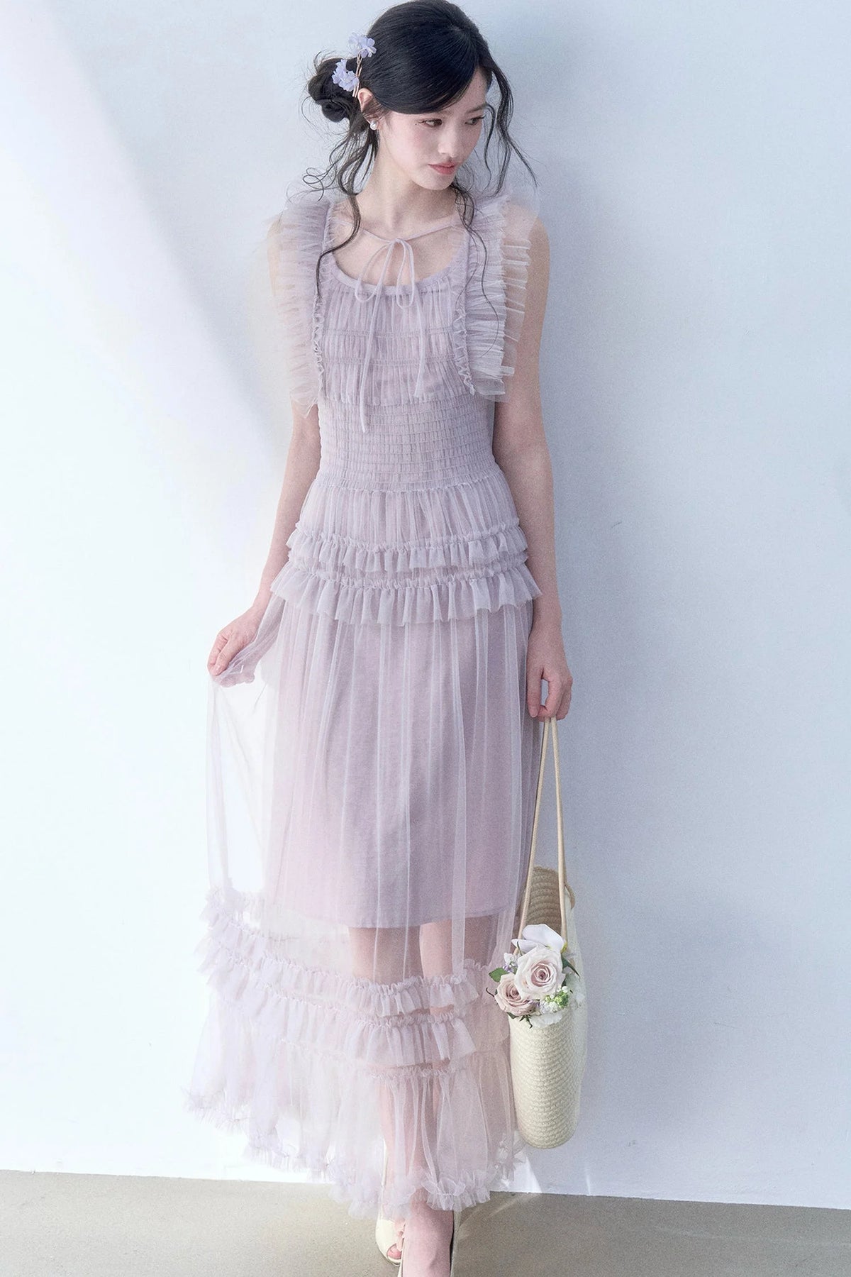 Pleated Lace Flutter Sleeve Dress