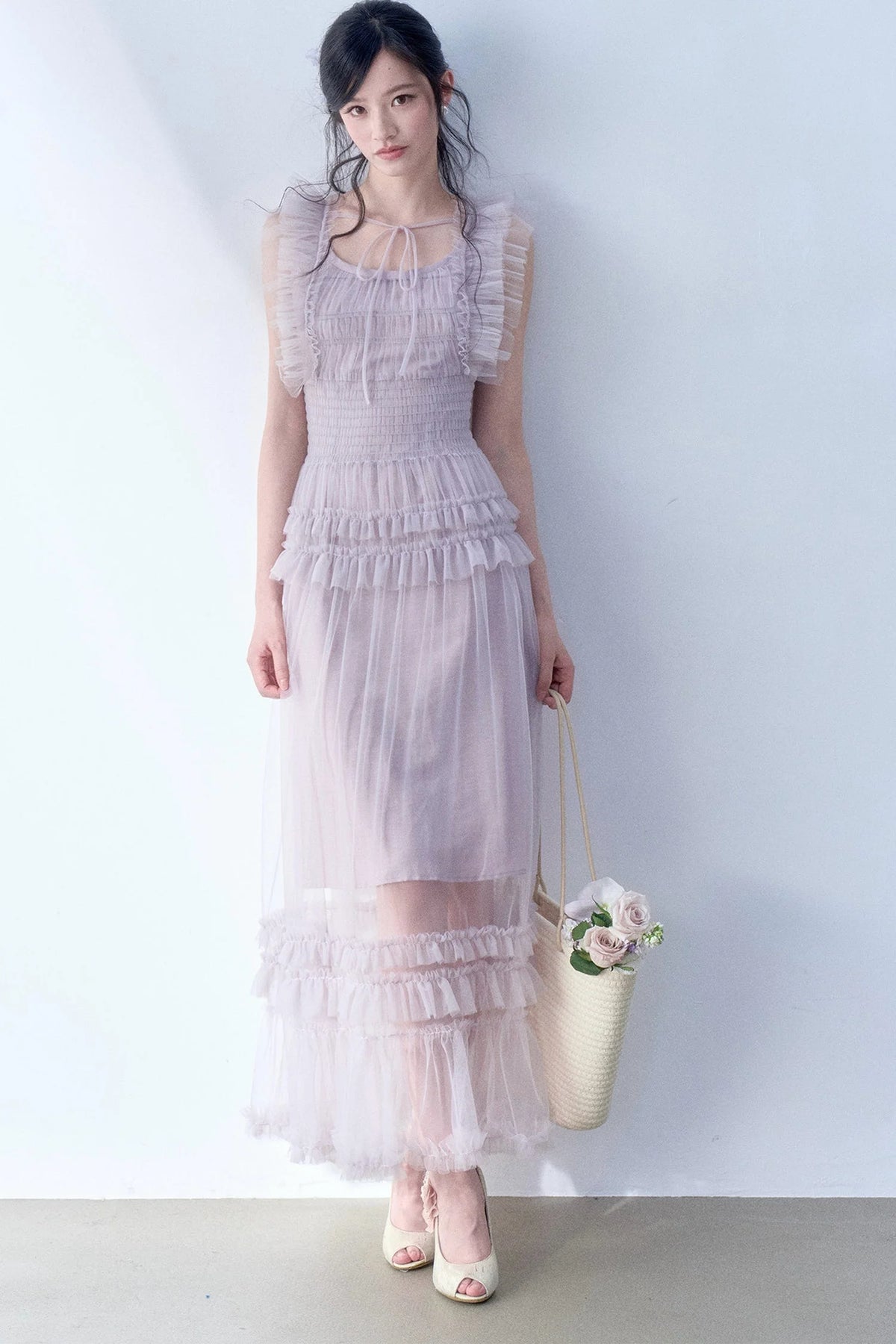 Pleated Lace Flutter Sleeve Dress