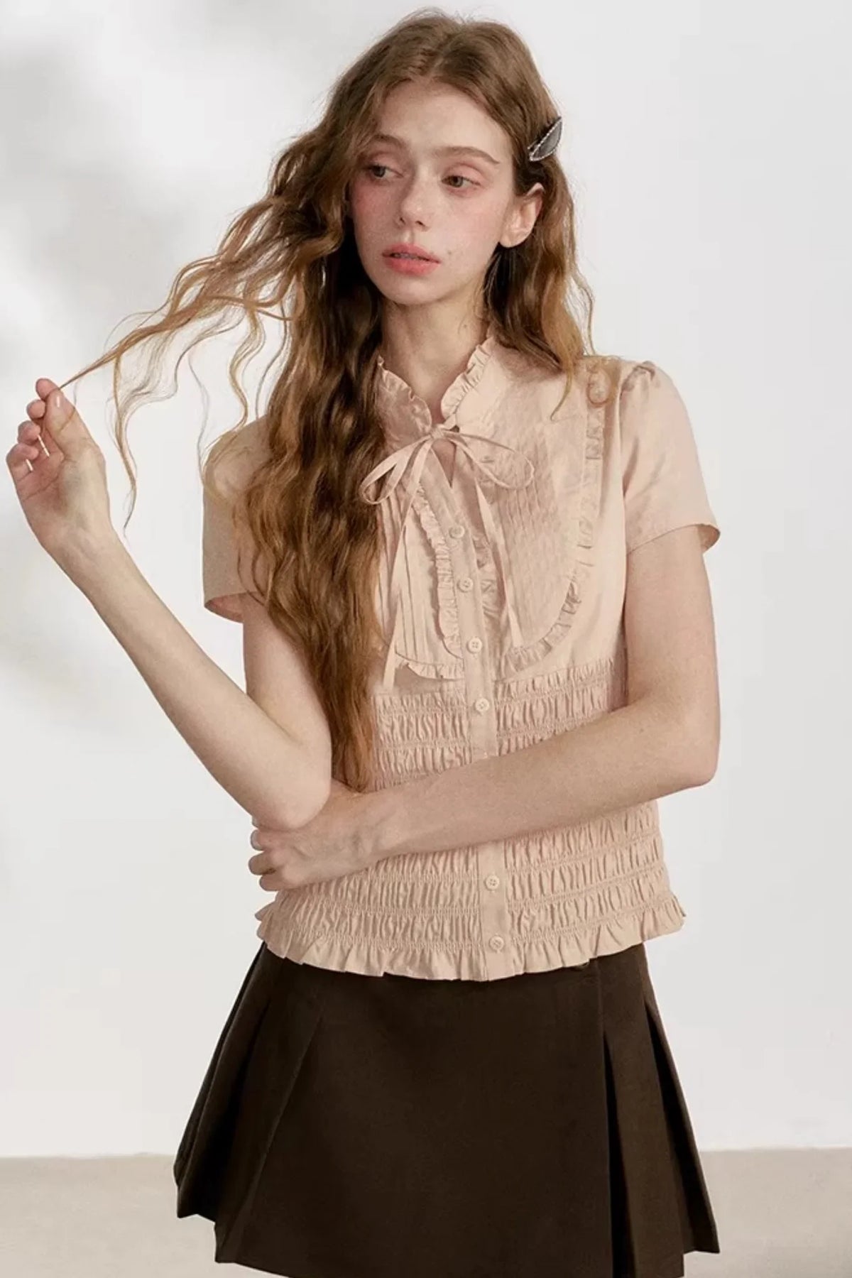 Pleated Lace Pink Blouse