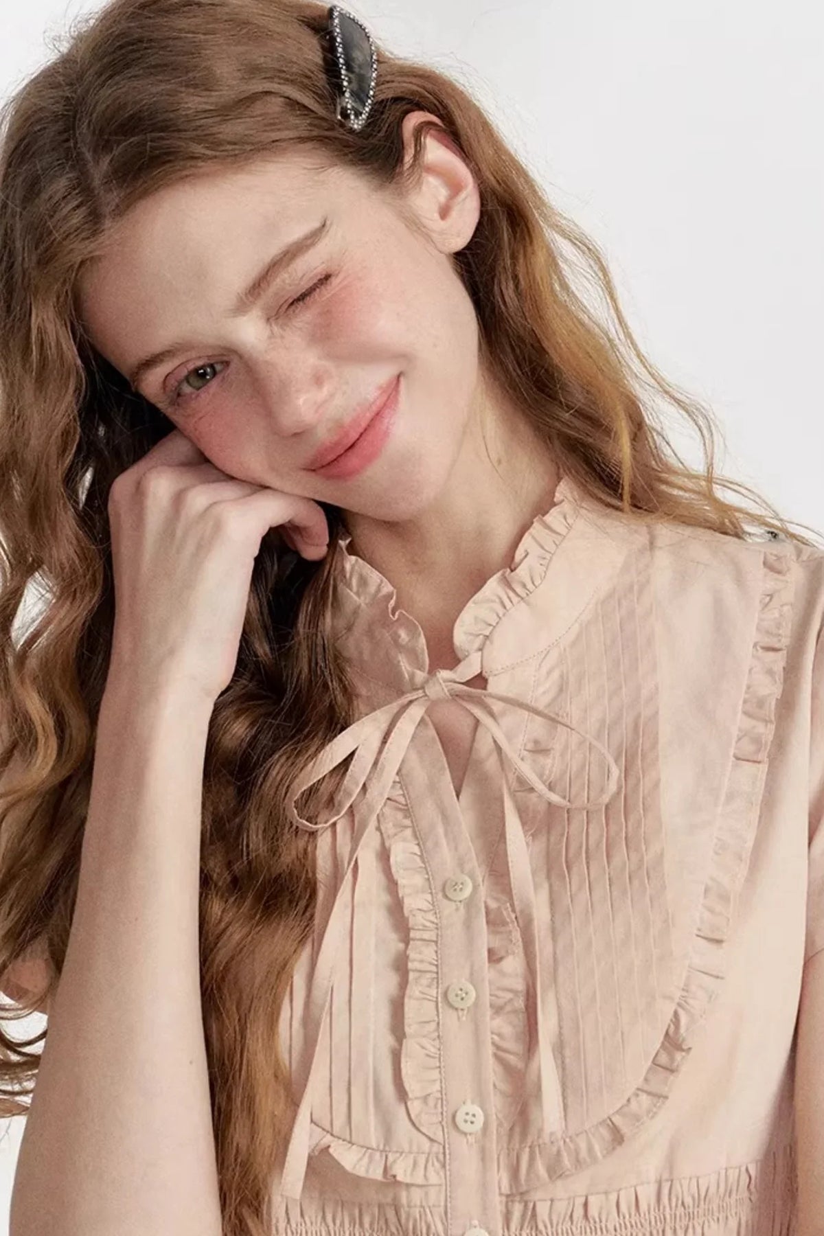 Pleated Lace Pink Blouse