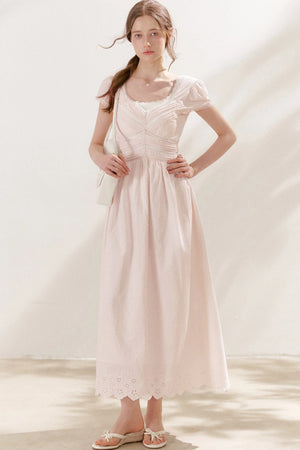 Pleated Lace V-Neck Long Cotton Dress Set-Up