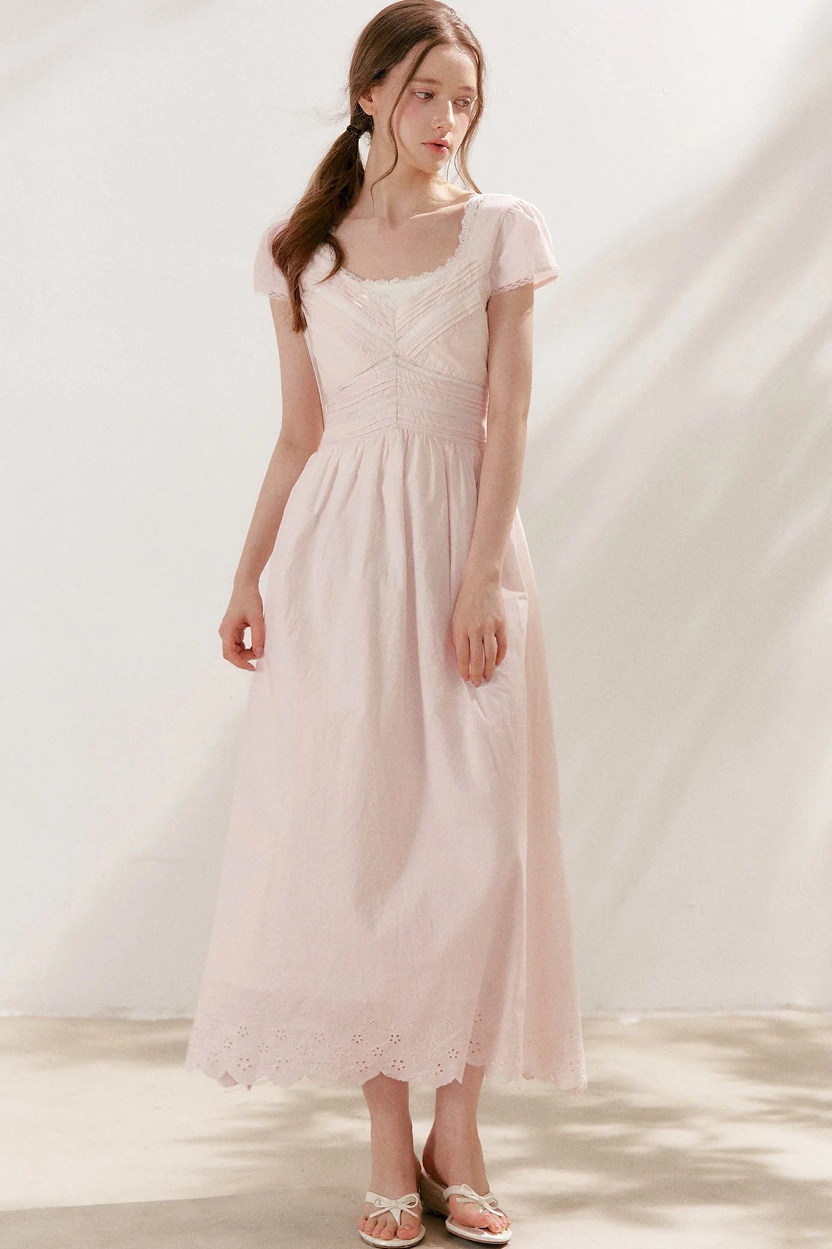 Pleated Lace V-Neck Long Cotton Dress Set-Up