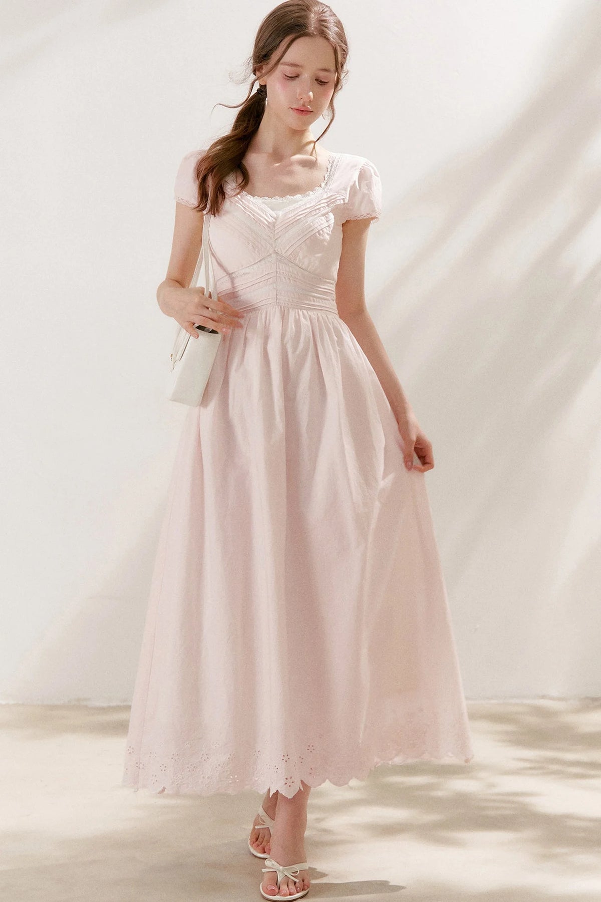 Pleated Lace V-Neck Long Cotton Dress Set-Up