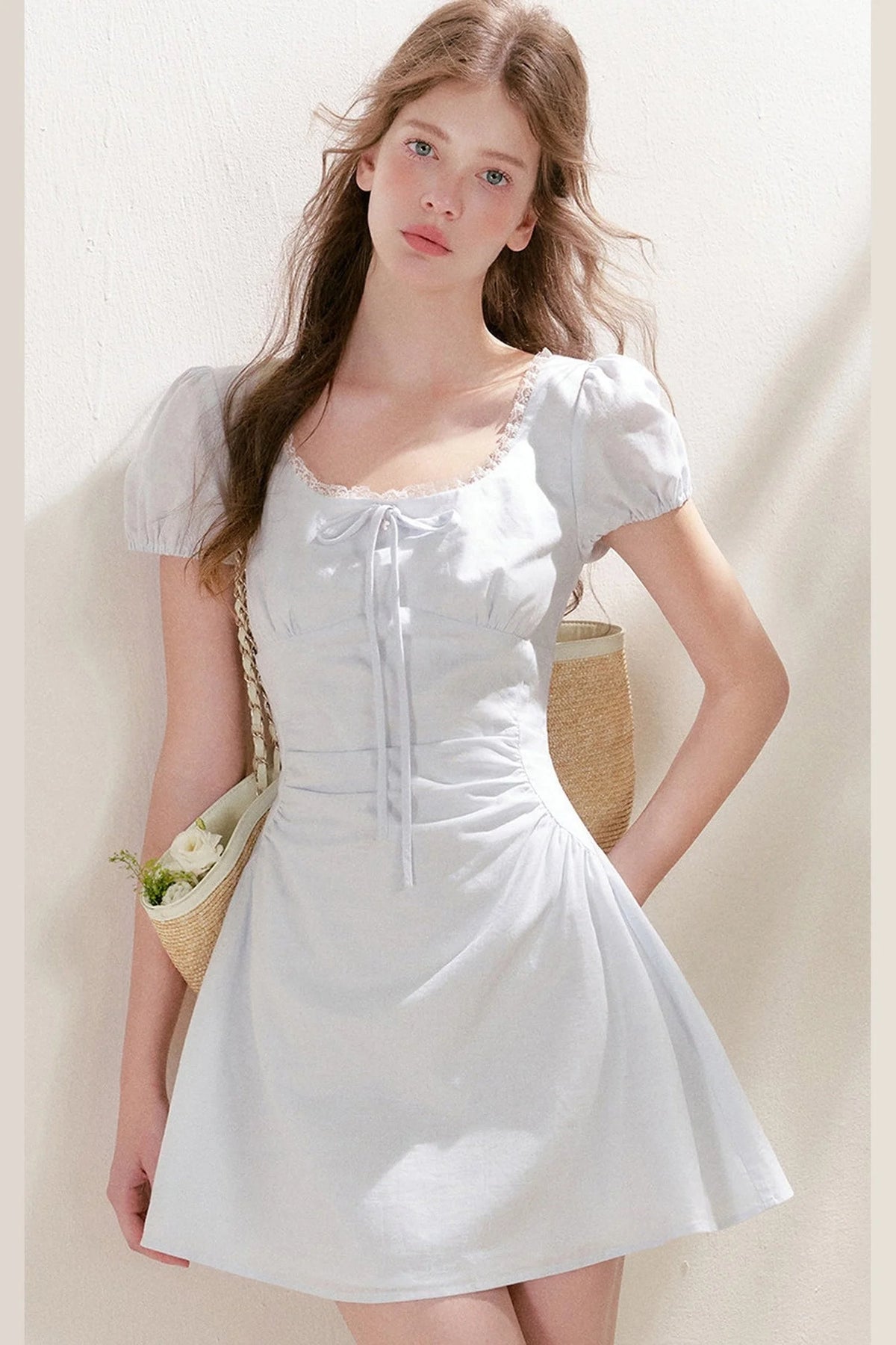 Pleated Linen Cotton Puff Sleeve Dress
