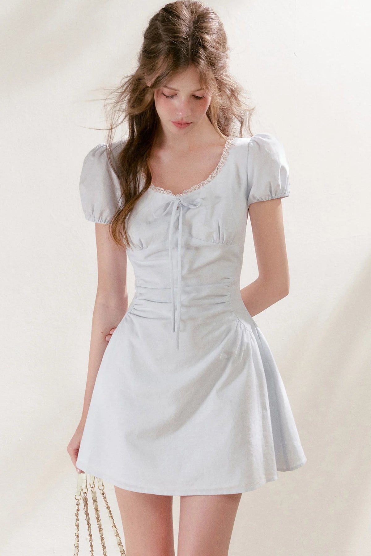 Pleated Linen Cotton Puff Sleeve Dress
