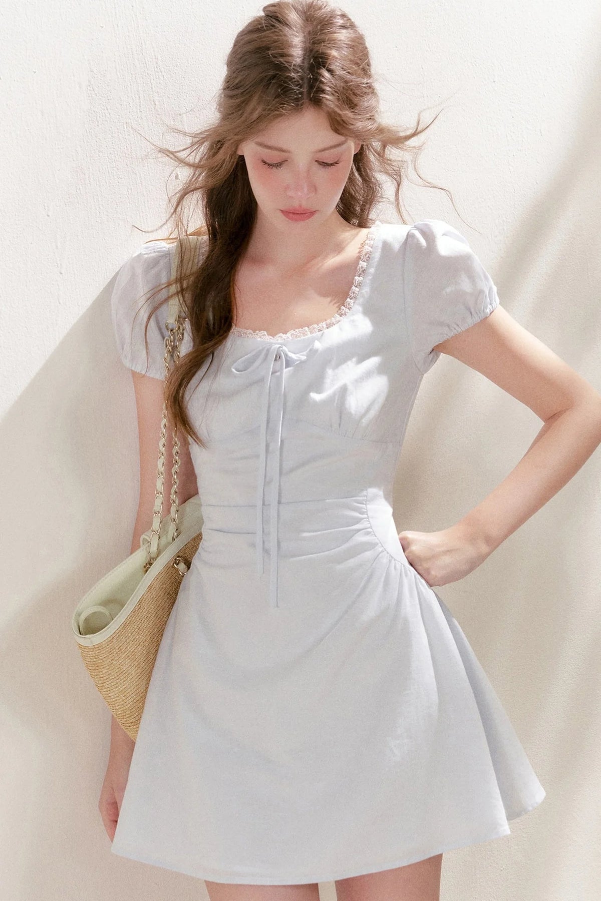 Pleated Linen Cotton Puff Sleeve Dress