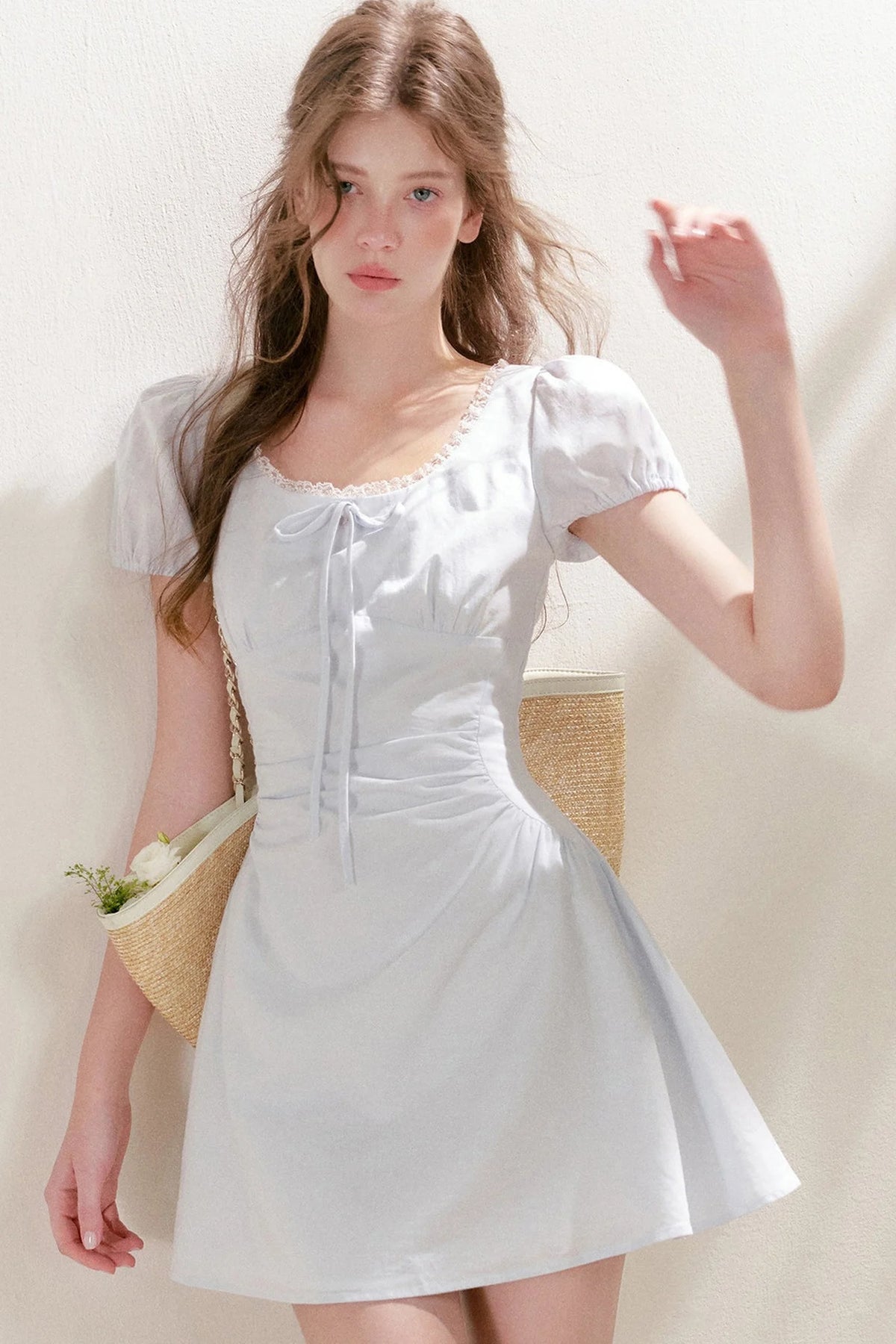 Pleated Linen Cotton Puff Sleeve Dress