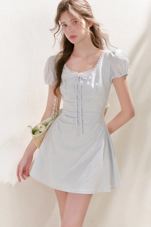Pleated Linen Cotton Puff Sleeve Dress