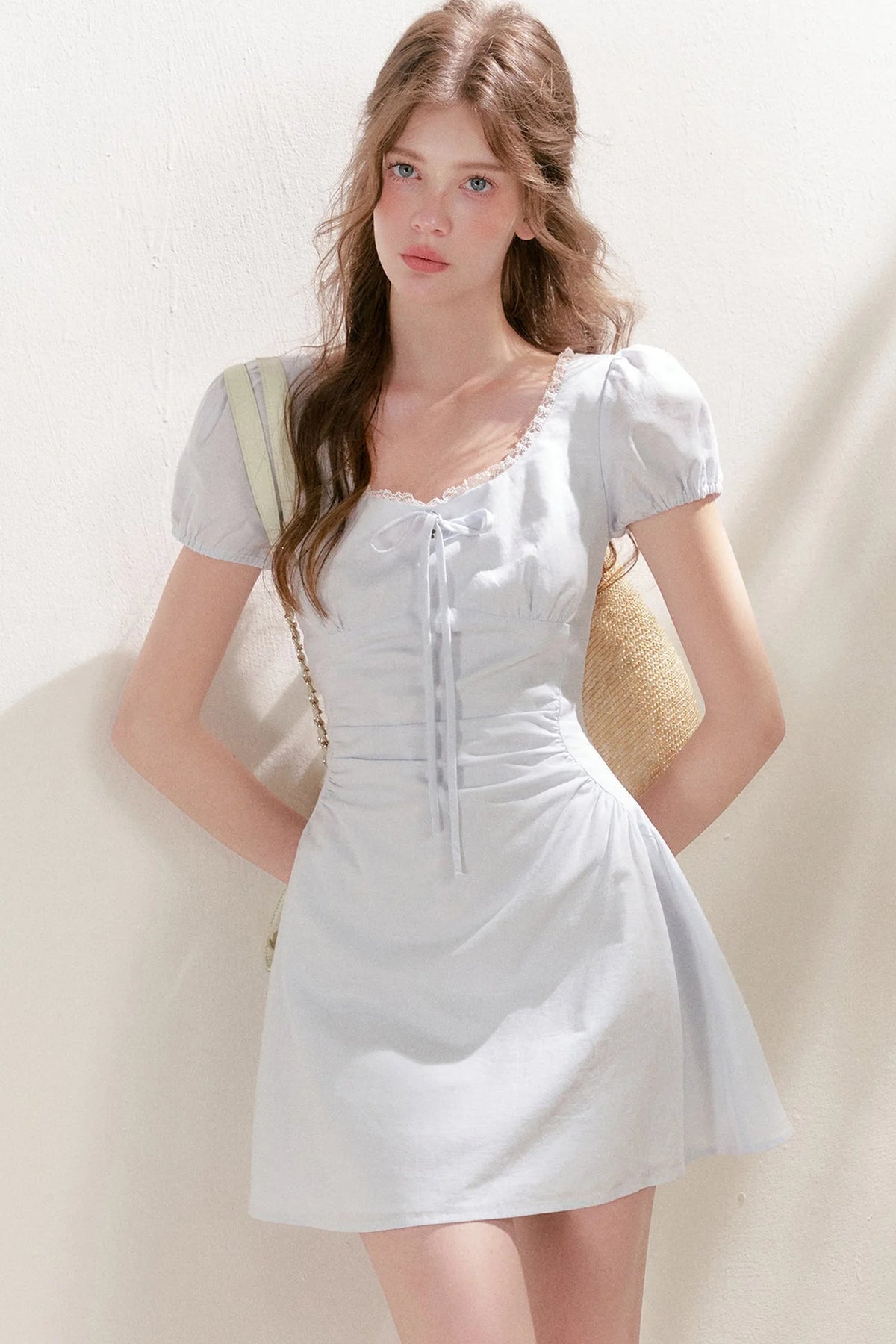 Pleated Linen Cotton Puff Sleeve Dress