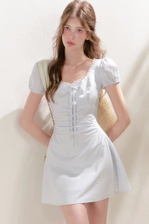 Pleated Linen Cotton Puff Sleeve Dress