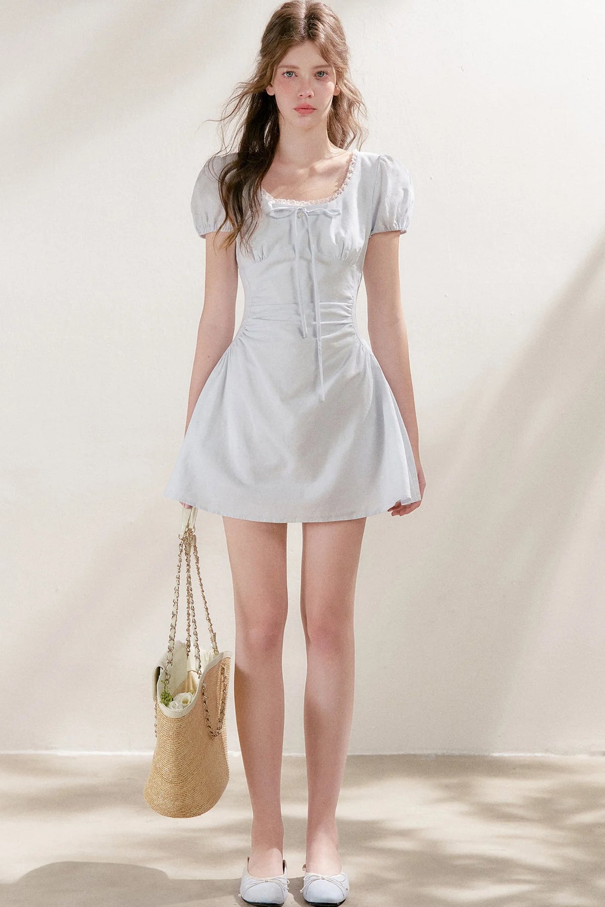 Pleated Linen Cotton Puff Sleeve Dress