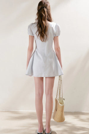 Pleated Linen Cotton Puff Sleeve Dress