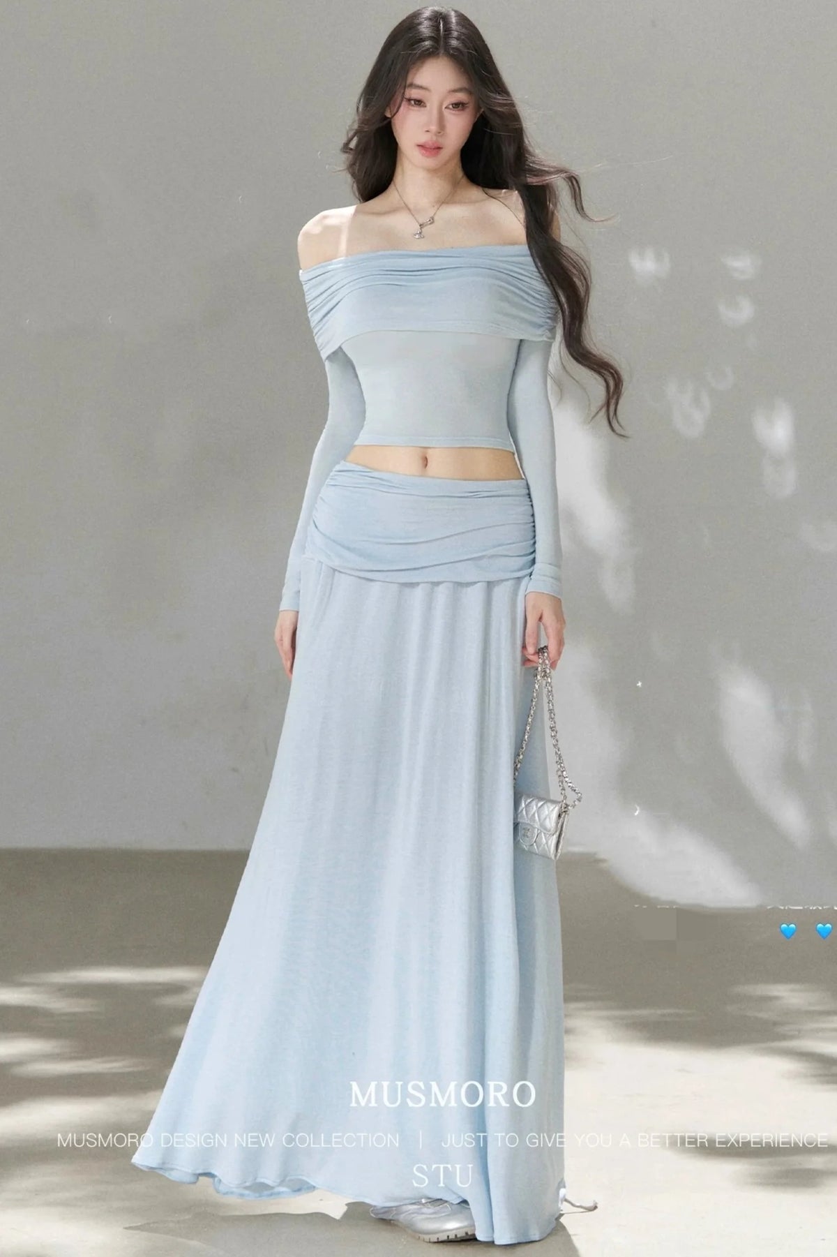 Pleated One-Shoulder Knit and Skirt Set-Up