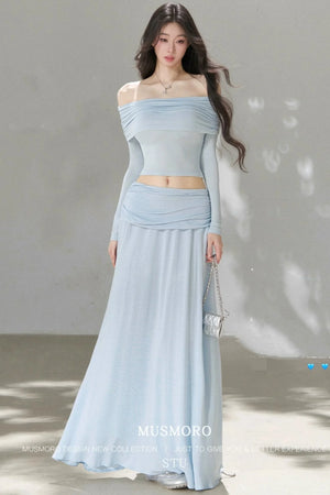 Pleated One-Shoulder Knit and Skirt Set-Up