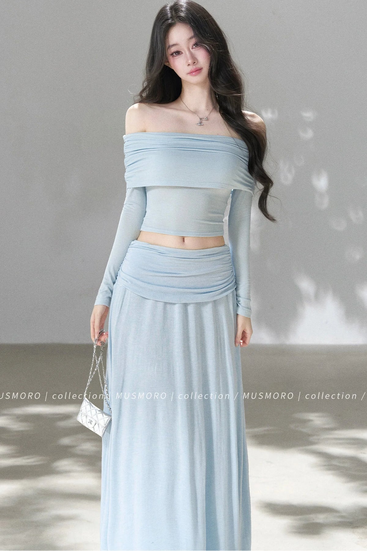 Pleated One-Shoulder Knit and Skirt Set-Up