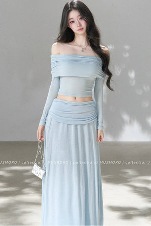 Pleated One-Shoulder Knit and Skirt Set-Up