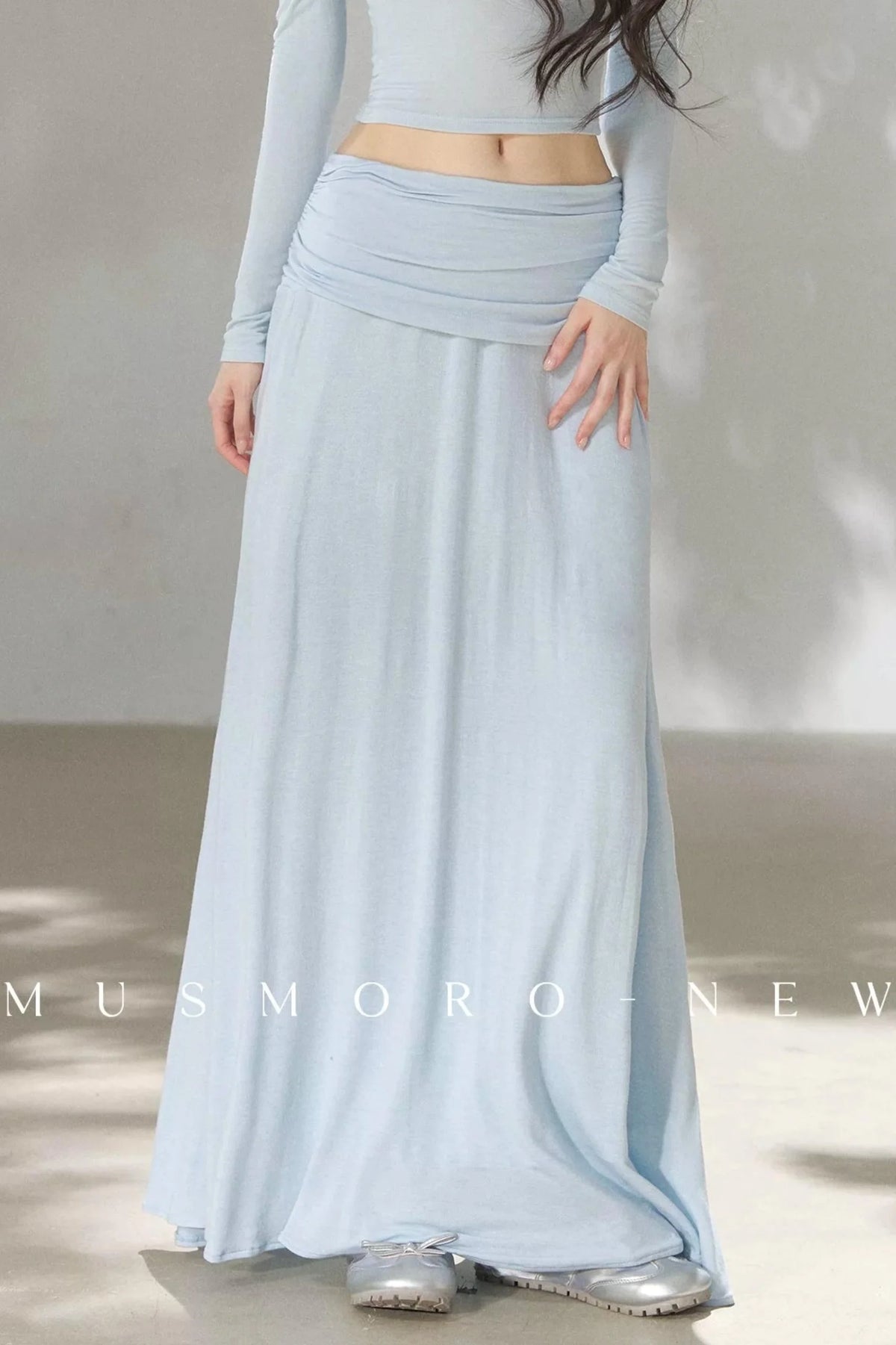 Pleated One-Shoulder Knit and Skirt Set-Up