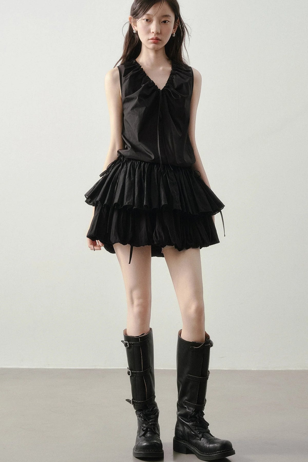 Pleated Ruffle Hem Sleeveless Top