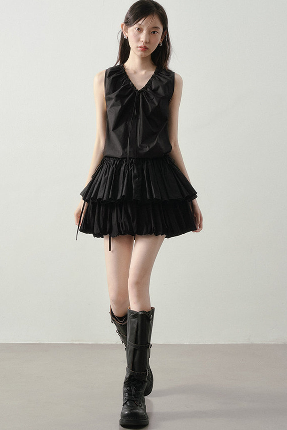 Pleated Ruffle Hem Sleeveless Top