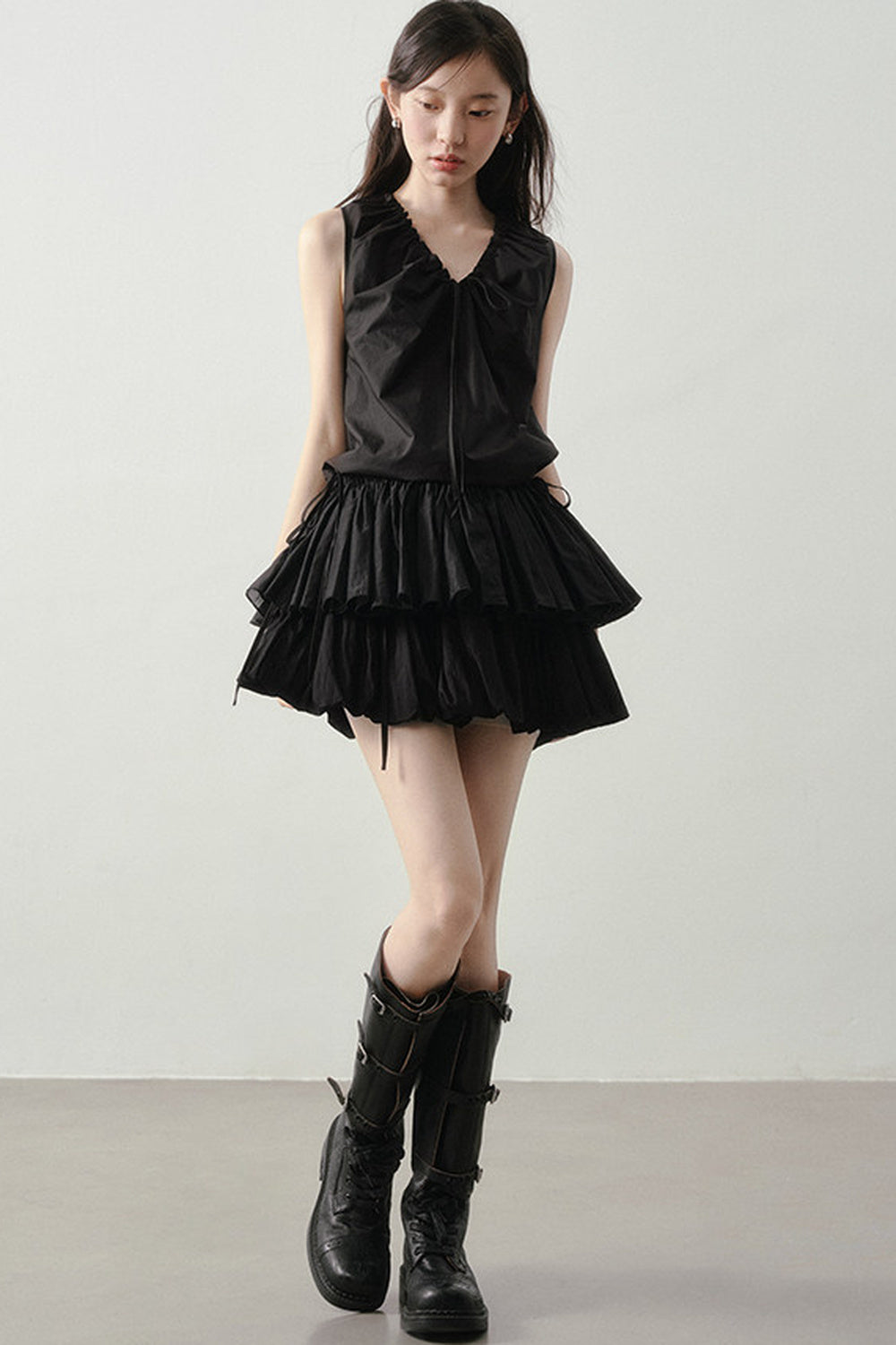 Pleated Ruffle Hem Sleeveless Top