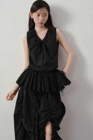 Pleated Ruffle Hem Sleeveless Top