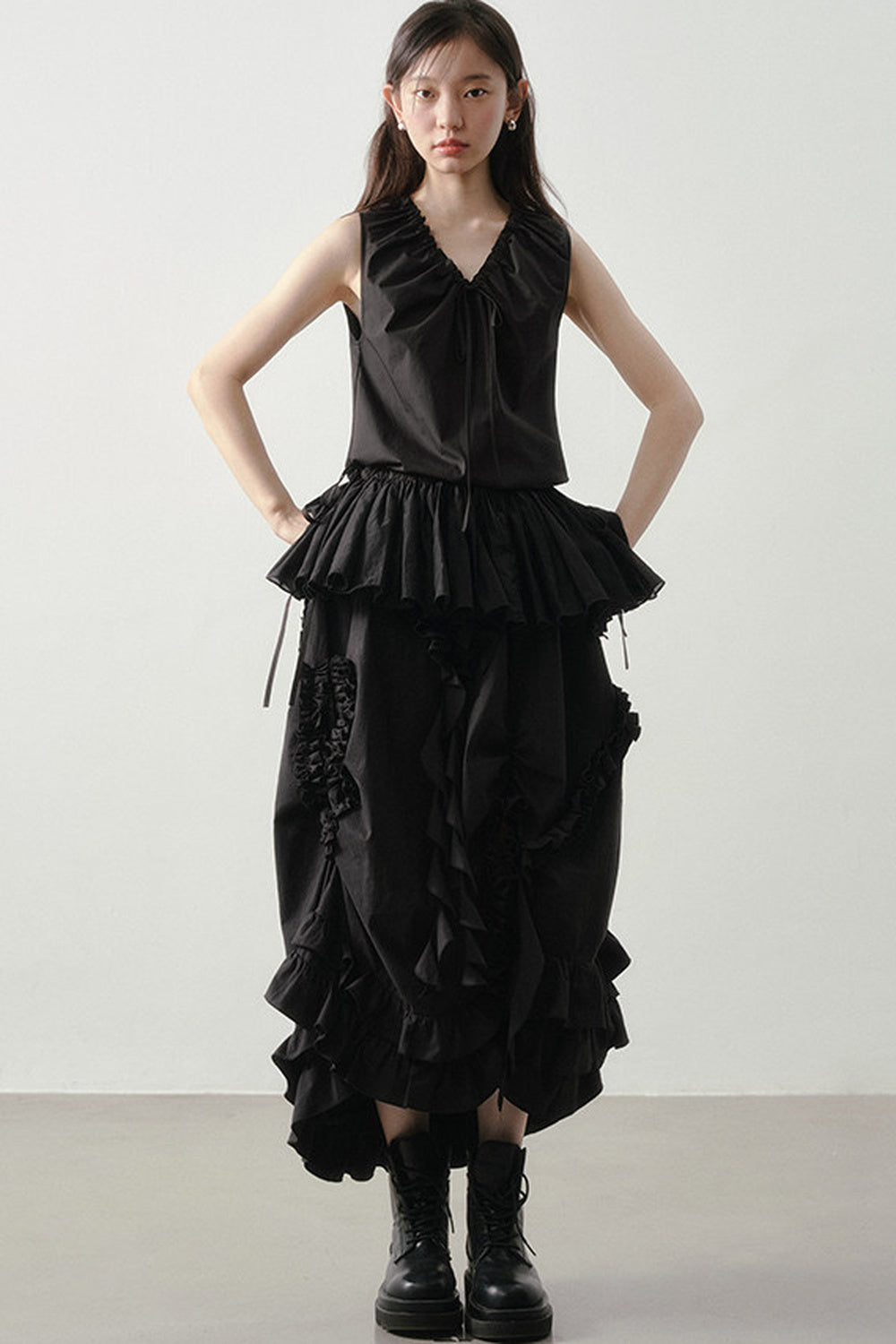 Pleated Ruffle Hem Sleeveless Top