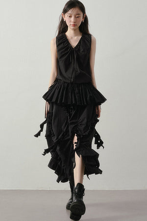 Pleated Ruffle Hem Sleeveless Top