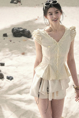 Pleated Ruffled Skirt Pants Set