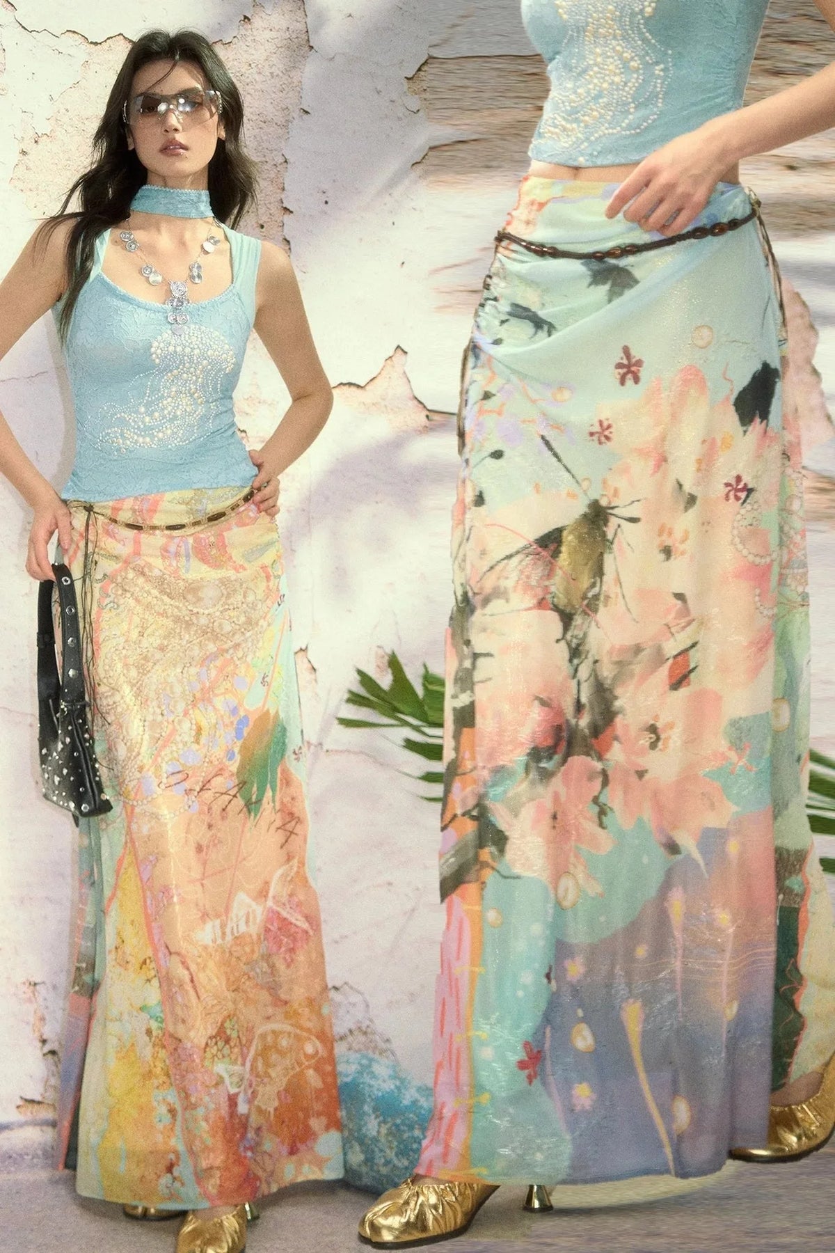 Pleated Shimmer Dream Print Midi Skirt