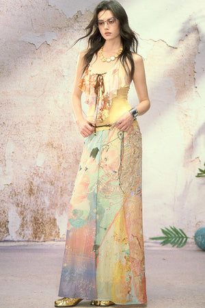 Pleated Shimmer Dream Print Midi Skirt