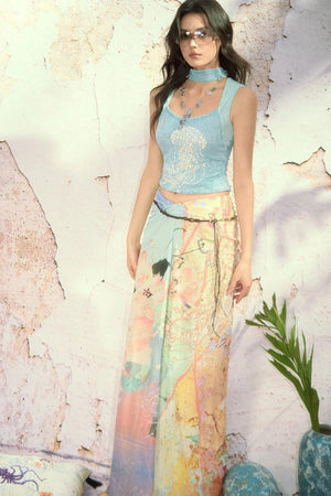 Pleated Shimmer Dream Print Midi Skirt