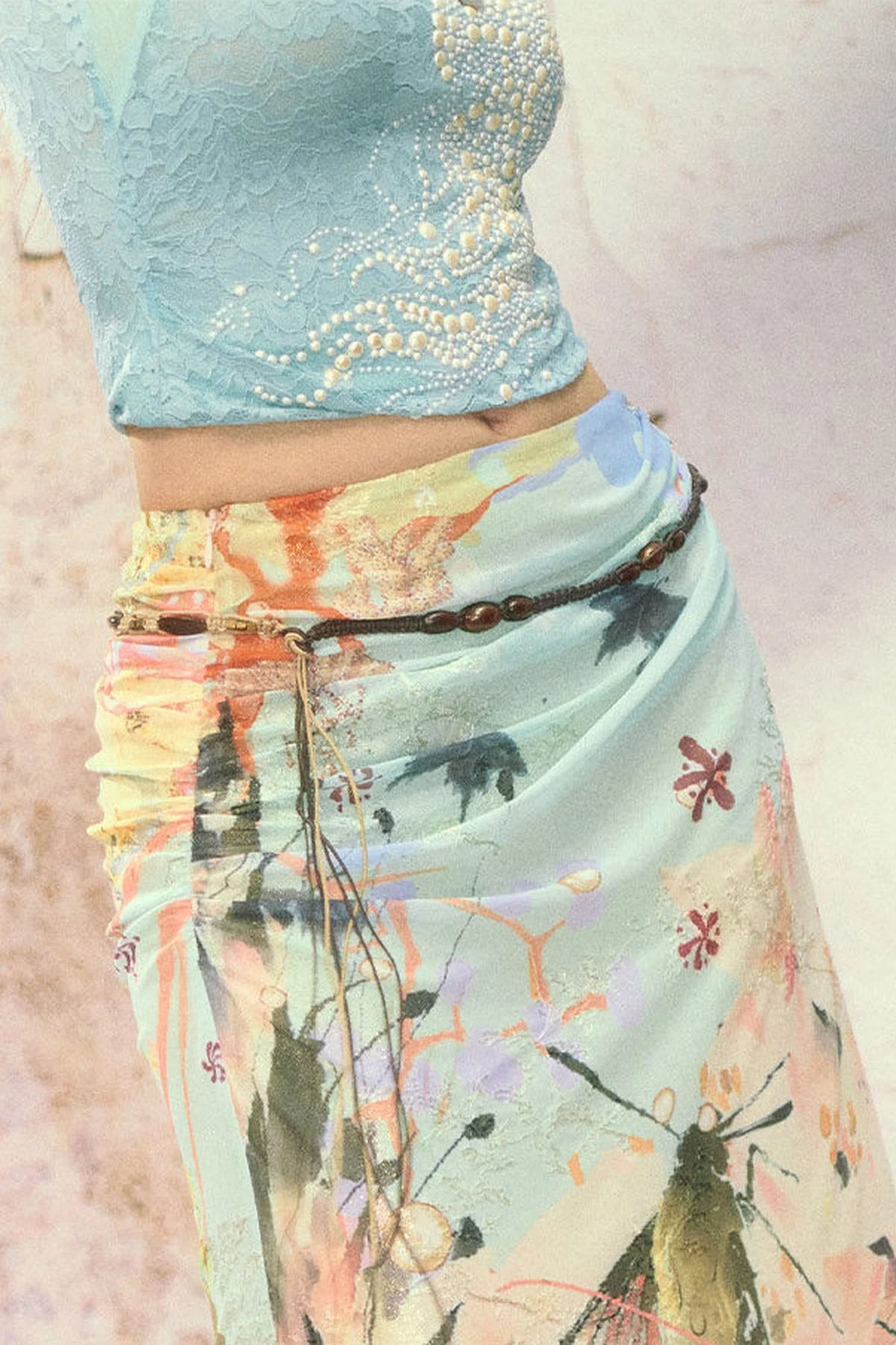Pleated Shimmer Dream Print Midi Skirt