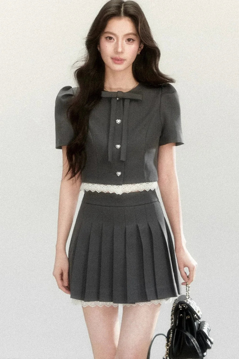 Pleated Short Sleeve Skirt Suit Set-Up