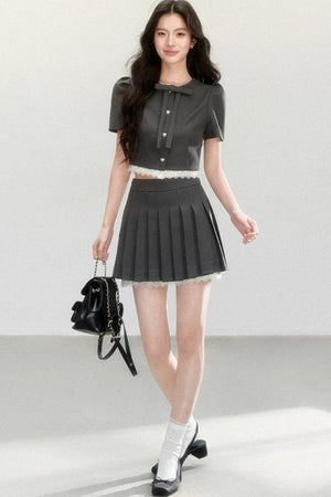 Pleated Short Sleeve Skirt Suit Set-Up