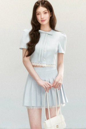 Pleated Short Sleeve Skirt Suit Set-Up