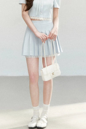 Pleated Short Sleeve Skirt Suit Set-Up