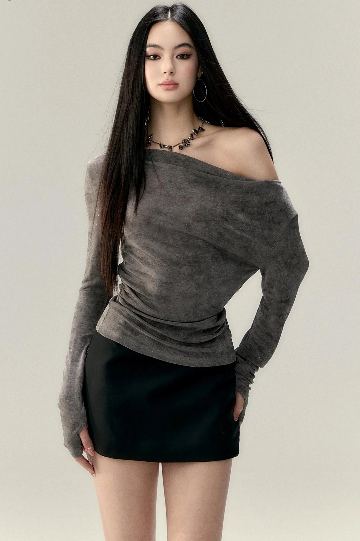 Pleated Slant Shoulder Tops