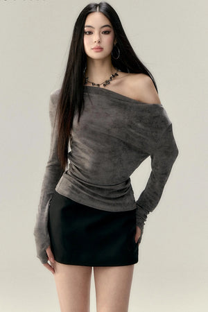 Pleated Slant Shoulder Tops