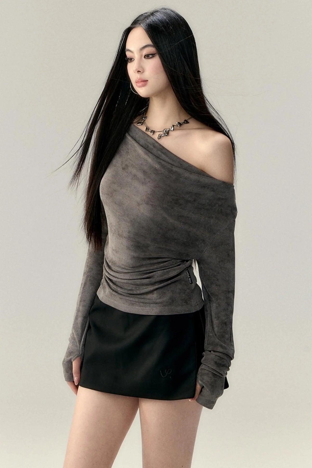 Pleated Slant Shoulder Tops