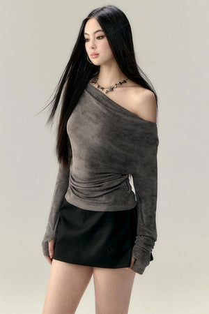 Pleated Slant Shoulder Tops