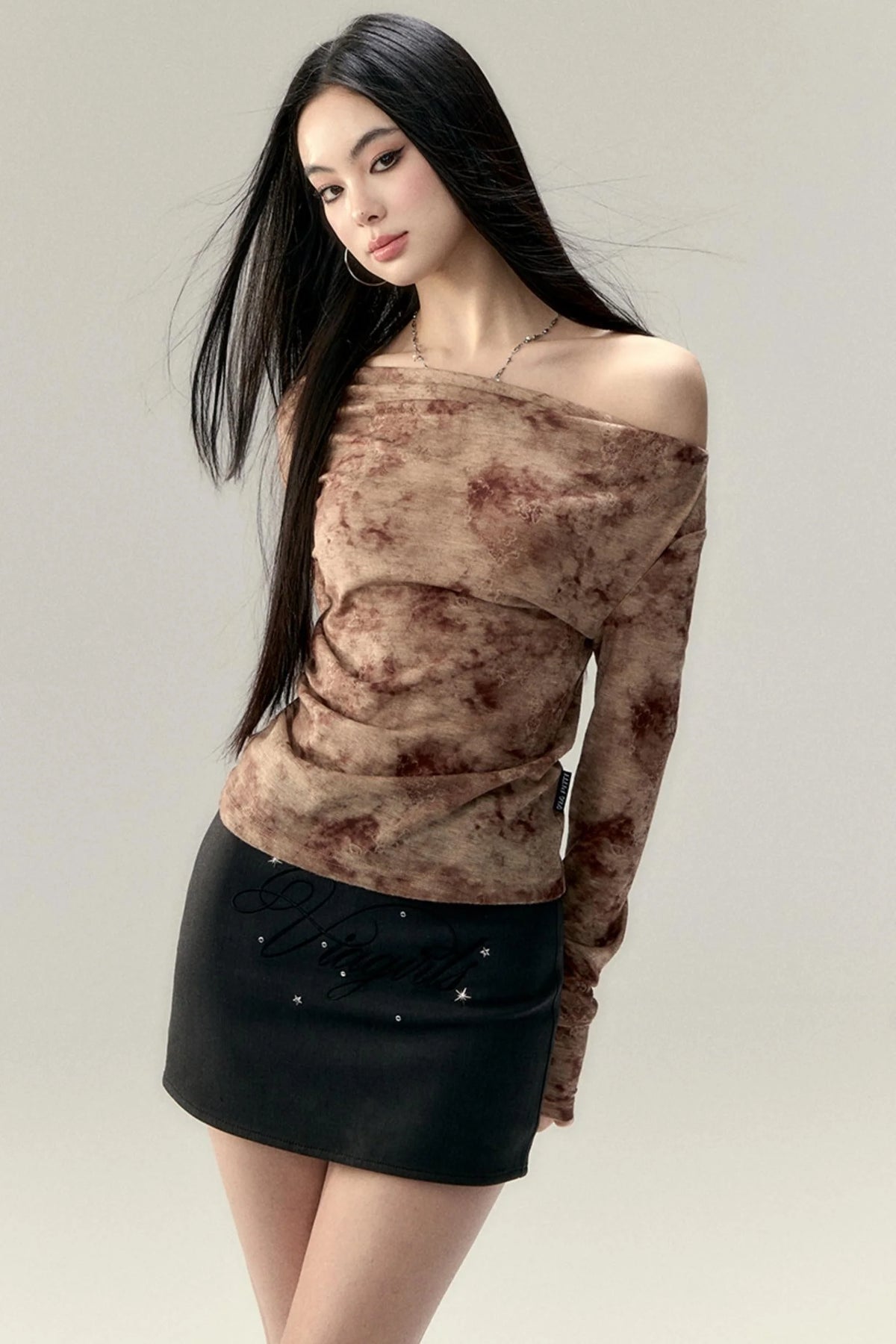 Pleated Slant Shoulder Tops