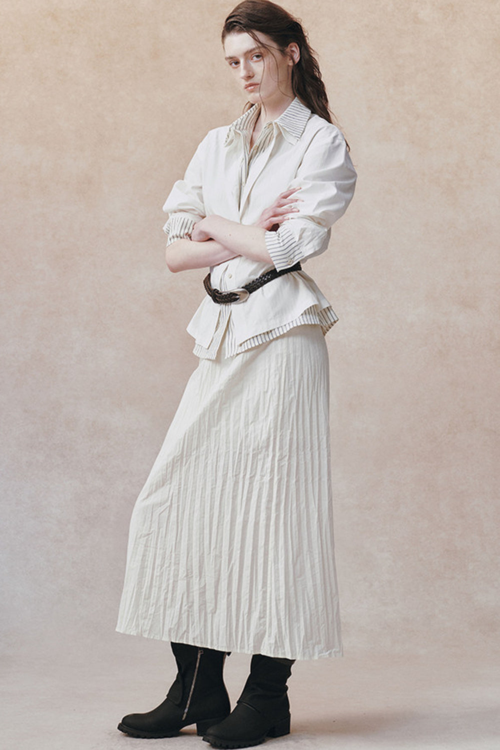 Pleated Stand Collar Shirt and Skirt Set